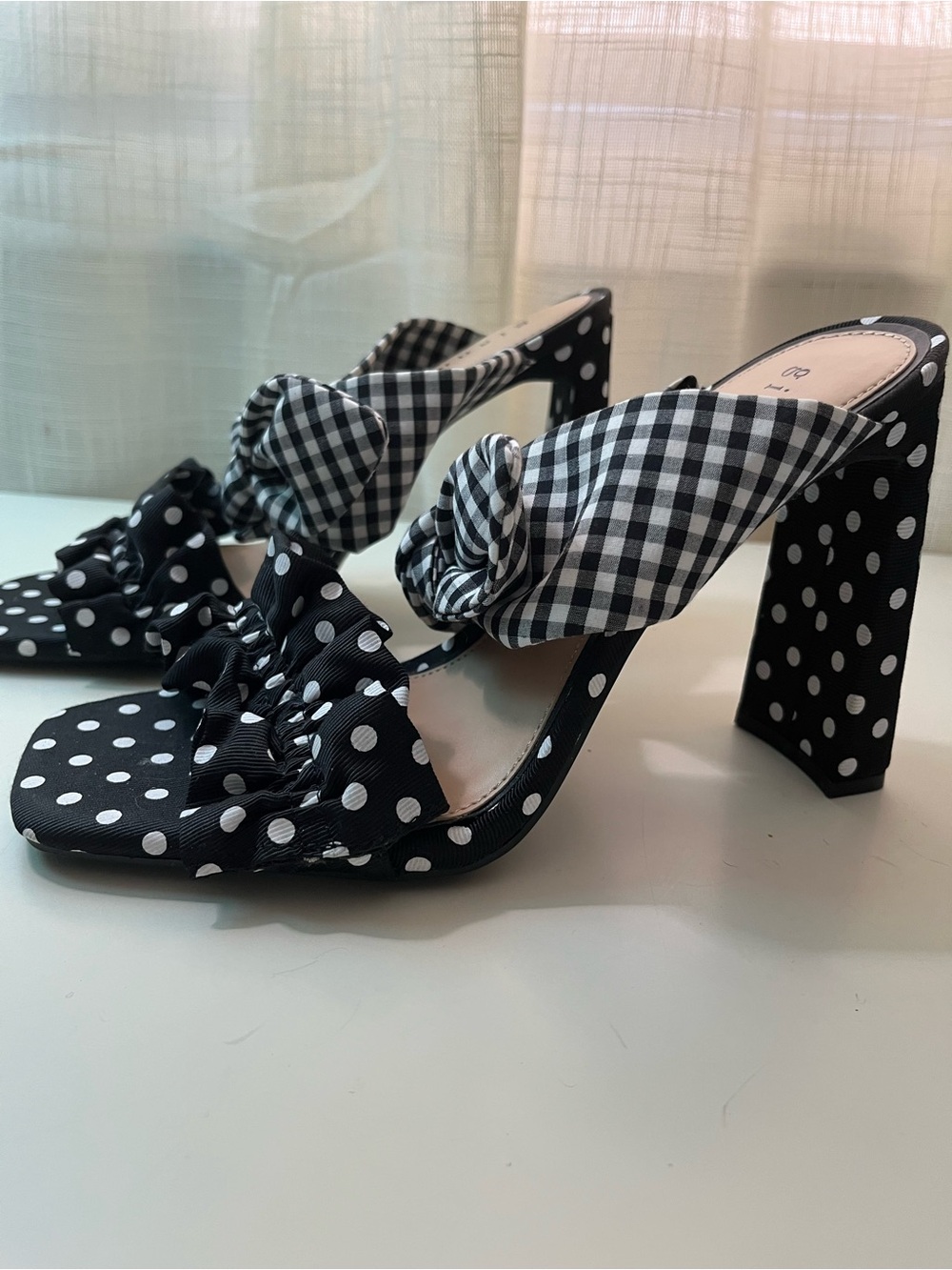 Gianni Bini Black & White Polka Dot and Gingham Block Heel Sandals